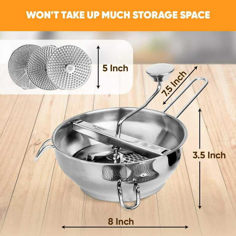  Food Mill Stainless Steel, Food Mill With 3 Discs, Handle Baby  Food Grinder Hand Crank, The Perfect Rotary Food Mill for Tomato Sauce,  Potatoes, Baby Food or Canned Goods : Home