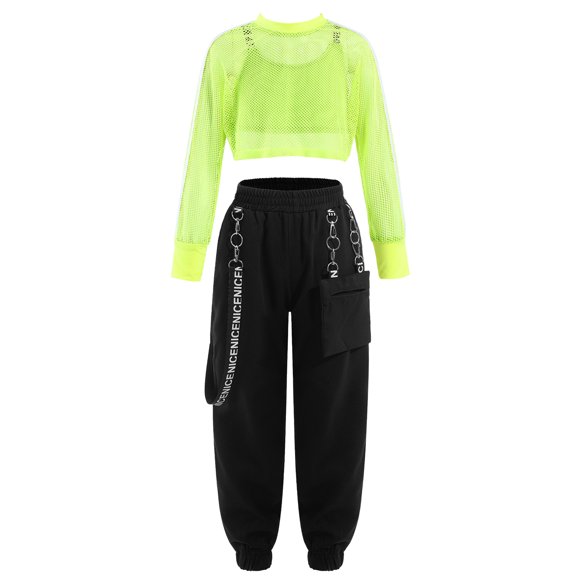 Haitryli Kids Girls 3Pcs Hip Hop Jazz Dance Outfits Hollow Out Crop Top Baggy Cargo Pants Streetwear Fluorescent Green 10
