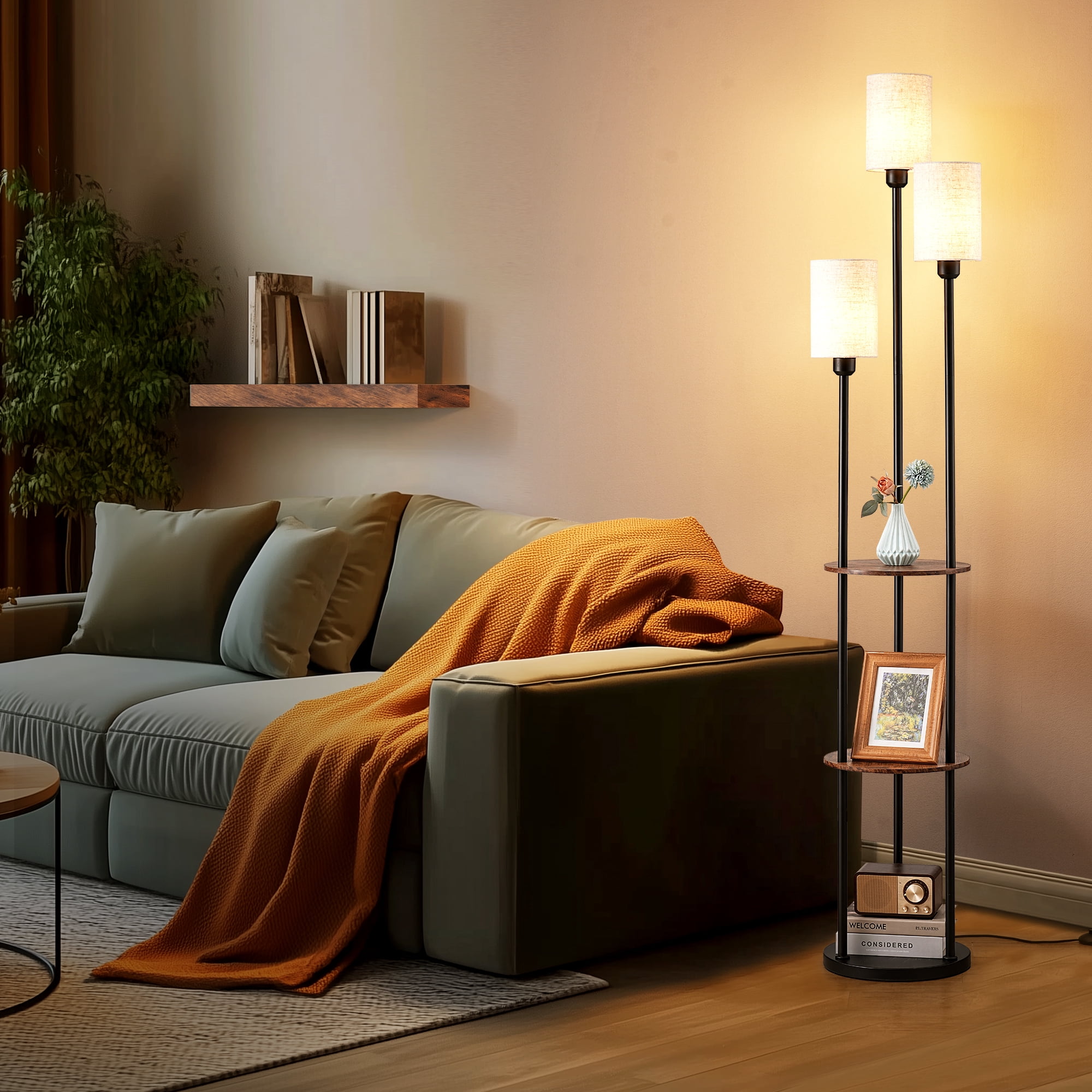 EDISHINE Floor Lamps with Shelf for Living Room, Tall Standing Farmhouse Floor lamp, Heavy Duty 3 Lights with Linen Shades