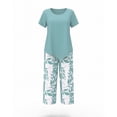 thumbnail image 6 of Snorda Pants Set for Women Short Sleeve Irregular Hem Top High-Waisted Leaf Print Capris Pants Summer Ladies Casual Matching Loungewear Outing Set, 6 of 6