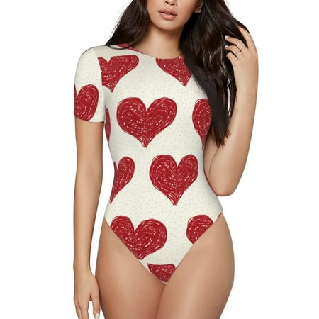 Vsdgher Love Prinr Short Sleeve Body suit for Womens  Sexy Onesie One Piece Round Neck Bodysuit Shapewear Tummy Control-XX-Large