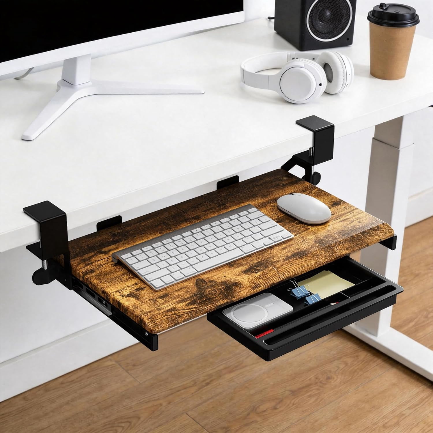 Under Desk Keyboard Tray with Slide Pull Out, C Clamp Mount, Ergonomic Computer Stand for Home Office, White, 19.7" x 12.2" Small Size