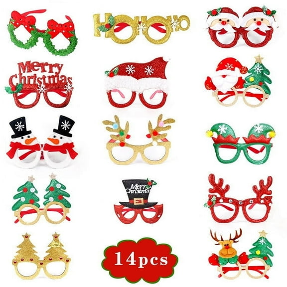 14Pcs Christmas Glasses Frame, Holiday Party Eyeglasses Frames Christmas Decoration, Christmas Photo Props Eyewear, Christmas Party Favors Supplies for Christmas Dinner Picnic