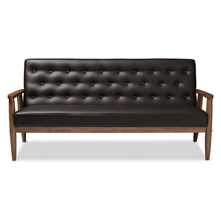 - Baxton Studio Sorrento Mid-century Retro Modern Brown Faux Leather Upholstered Wooden 3-seater Sofa