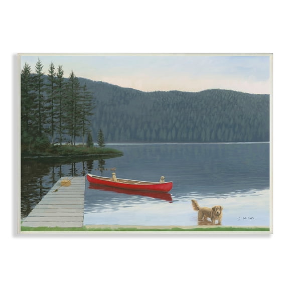 Stupell Industries Docked Row Boat Lake Forest Landscape Pet Dogs, 19 x 13, Design by James Wiens