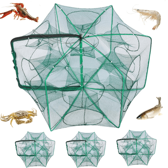 3‑Pack Crawfish Traps, 12-Hole Fishing Trap, Cylindrical Hexagon Crab Trap, Green Foldable Fishing Net, Fishing Accessories for Small Fish Shrimp Crab Crawfish (23.6 x 13.8 in)