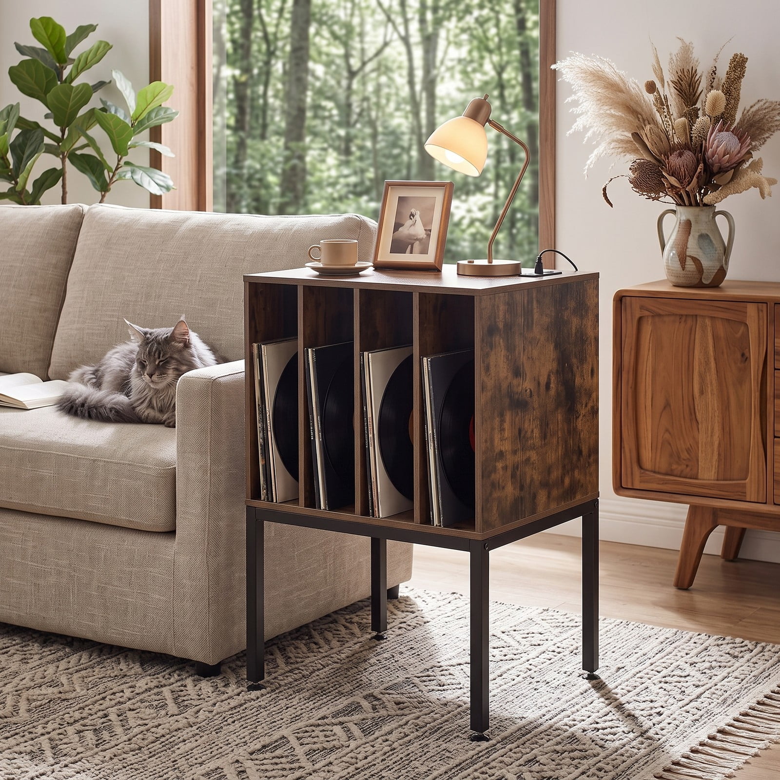 Furnibear Turntable Record Player Stand with Power Outlets, USB Type-C Charging Ports, Vinyl Record Storage Media Console TV Stand for Living Room, Rustic Brown