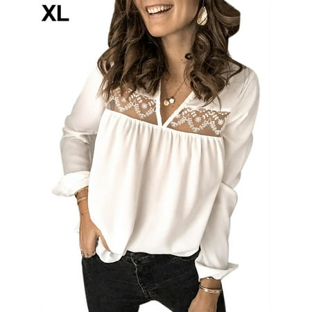 

BESTHUA Ladies＇ Blouse V-neck Sexy See-through Shirt Casual Long Sleeve