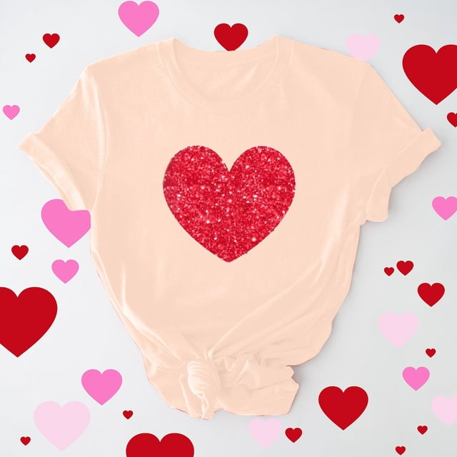 Meichang T-Shirts de la Saint-Valentin pour Femmes Hauts Mignons Imprimé Cœur Hauts Mignons Col Rond Manches Courtes Décontracté T-Shirts de Vacances Saint-Valentin