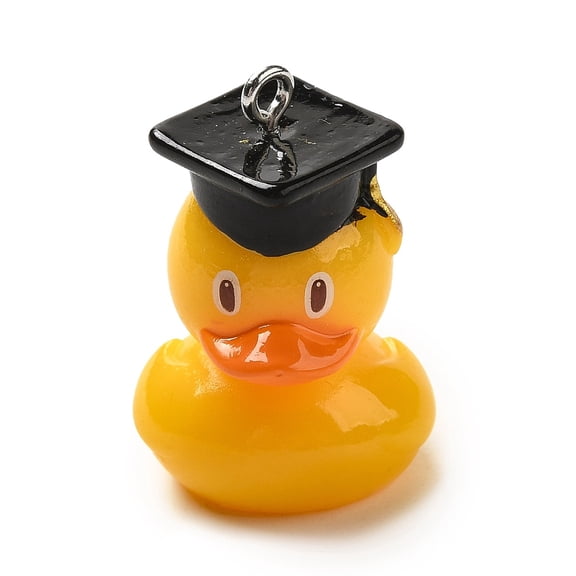 Graduation Theme Resin Pendants Duck Charms with Caps and Platinum Plated Iron Loops golden 29x19.5x20mm Hole: 2mm