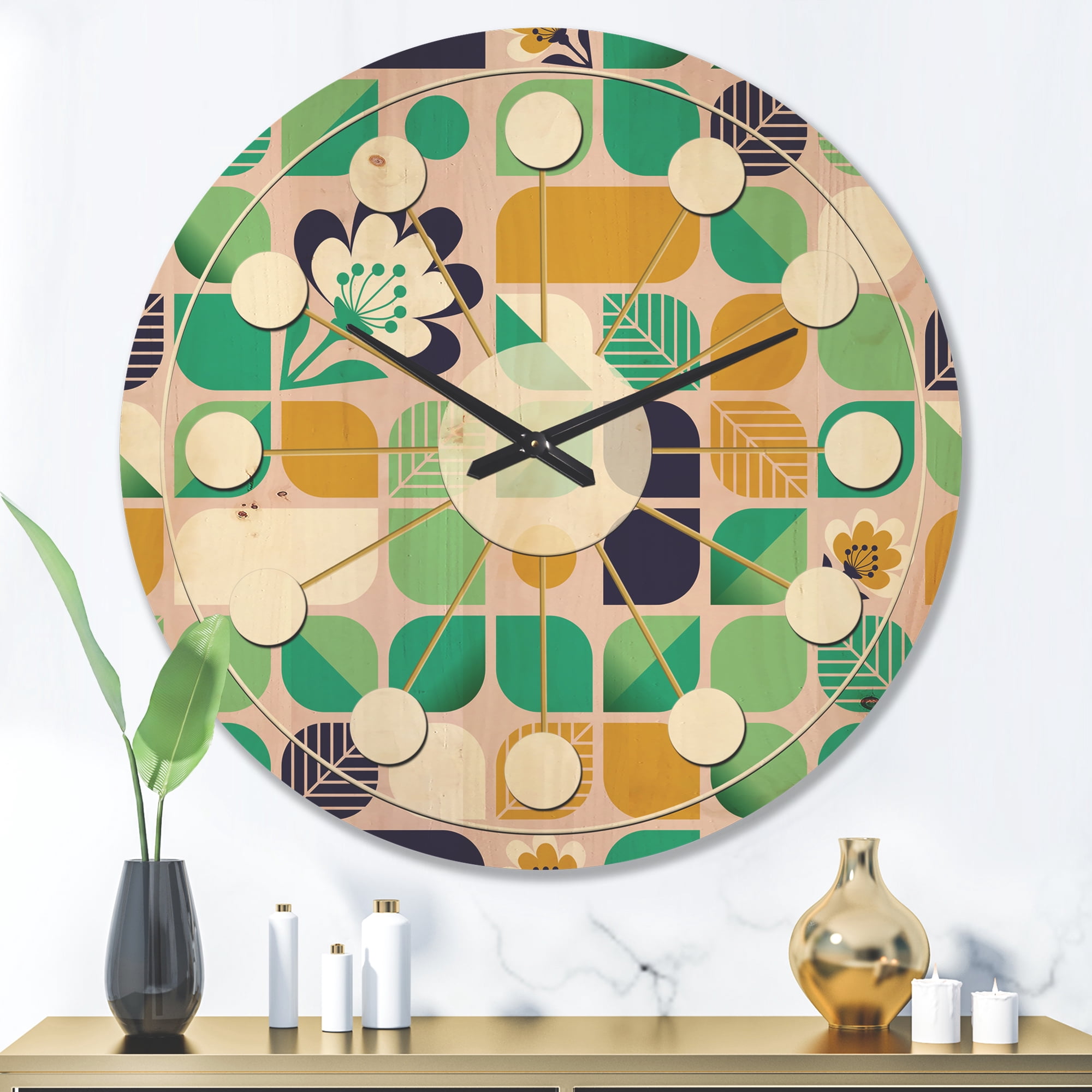 Designart 'Leaves and Flowers With Geometric Pattern' Mid-Century Modern Wood Wall Clock
