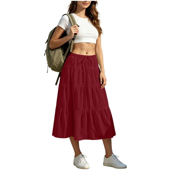 Women's Midi Skirts Elastic Waist Linen Blend Skirts Casual Daily Style Lightweight Breathable Drawstring Tiered Ruffle Hem Loose Fit Skirts