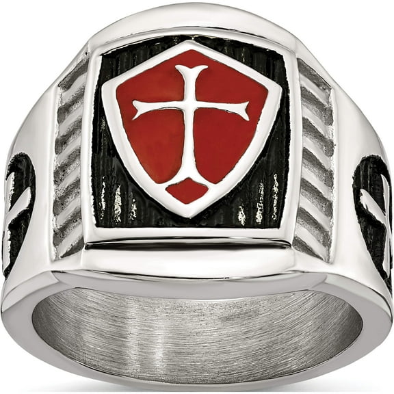 Stainless Steel Antiqued And Polished With Red Enamel Cross/Shield Ring (Size 12) Made In China sr634-12