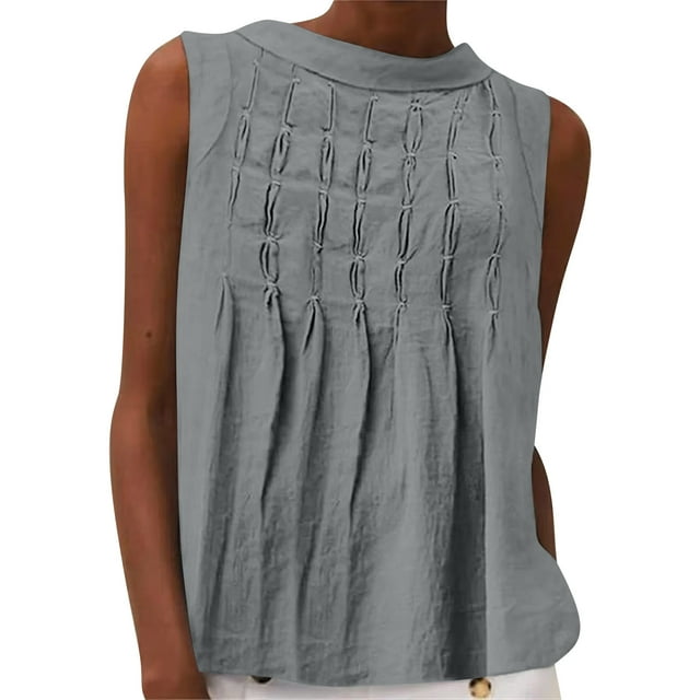 Débardeur Plissé pour Femme, Hauts Unis en Coton et Lin, T-Shirt Blouse Sans Manches à Col Rond Ample, Débardeurs à Col Rond pour Femmes Gris G