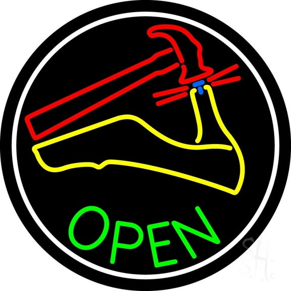 Sandal Repair Logo Open LED Neon Sign 18 x 18 - inches, Black Square Cut Acrylic Backing, with Dimmer - Bright and Premium built indoor LED Neon Sign for store interior Décor, Storefront.