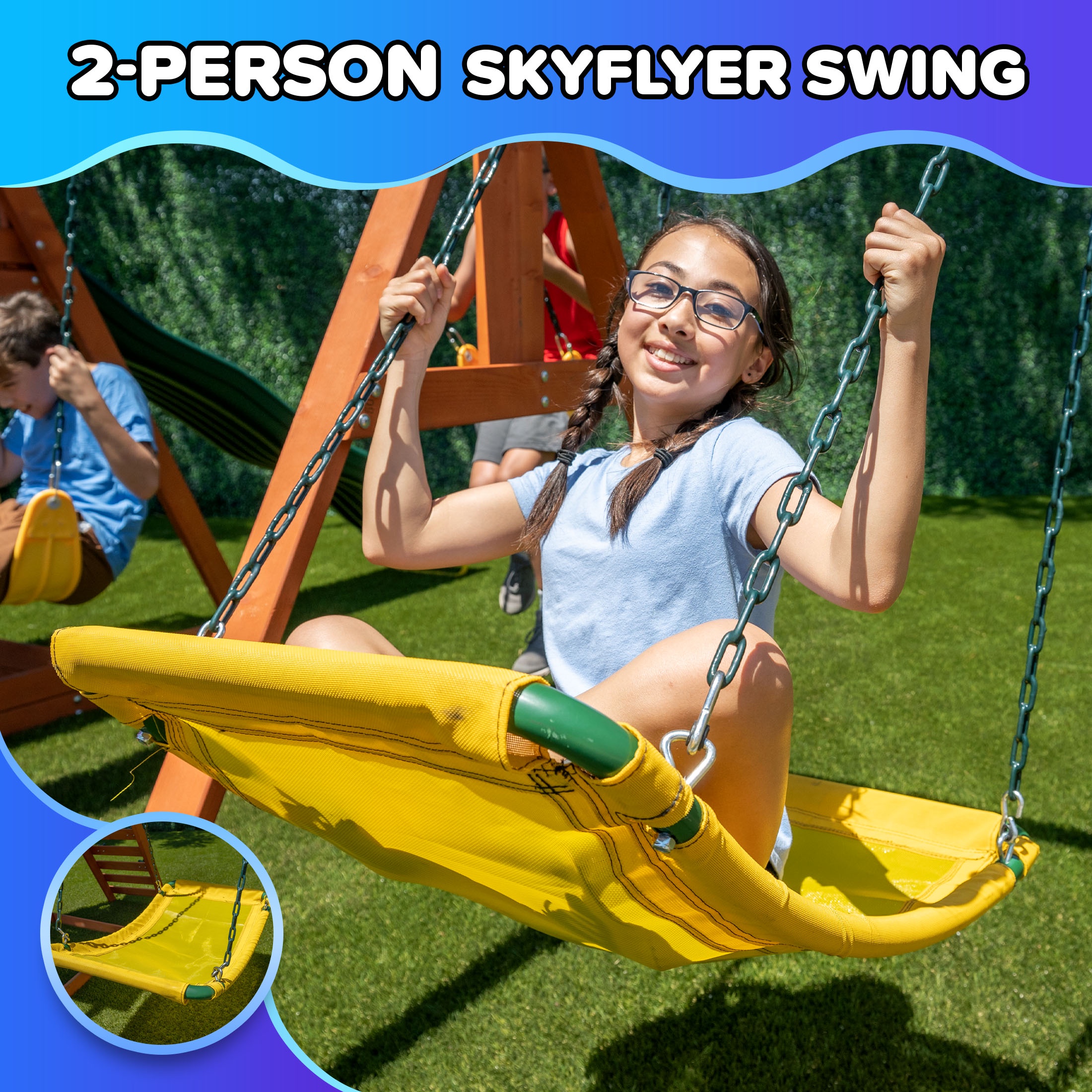 Sportspower Olympia Wooden Swing Set for Kids 3-8 with 2 Belt Swings, 2-Person Skyflyer, 8' Slide, Play fort, Sandbox & Monkey Bars