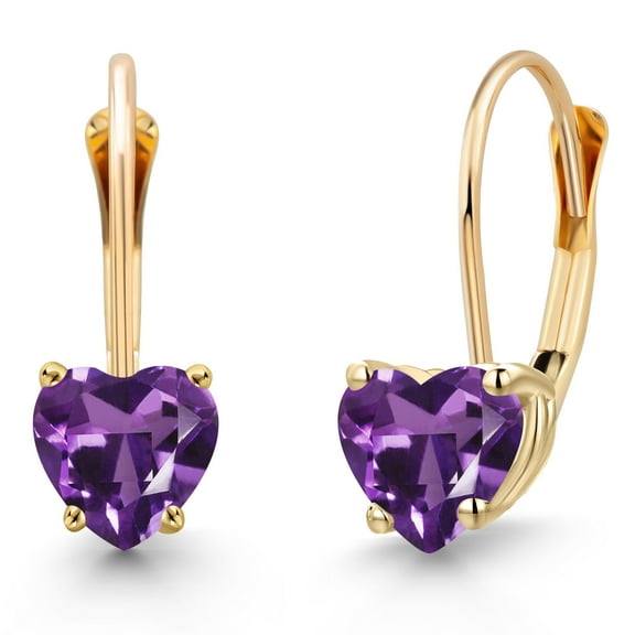 Gem Stone King 14K Yellow Gold Purple Amethyst Leverback Earrings for Women | 0.84 Cttw | Gemstone February Birthstone | Heart Shape 5MM