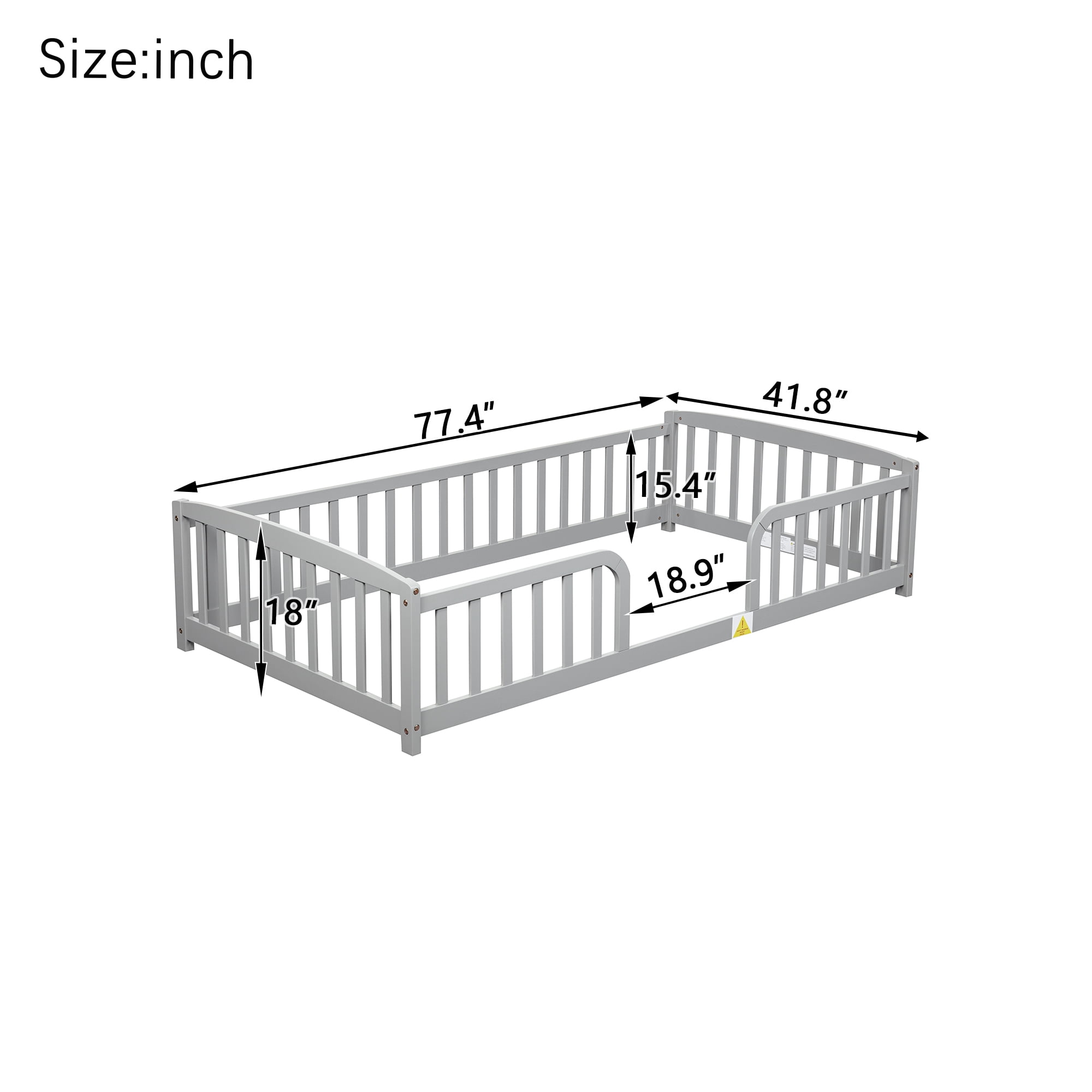 Alvantor Twin Size Floor Bed with Entrance and Guardrails – Low Montessori Wood Bed Frame for Toddlers, Grey