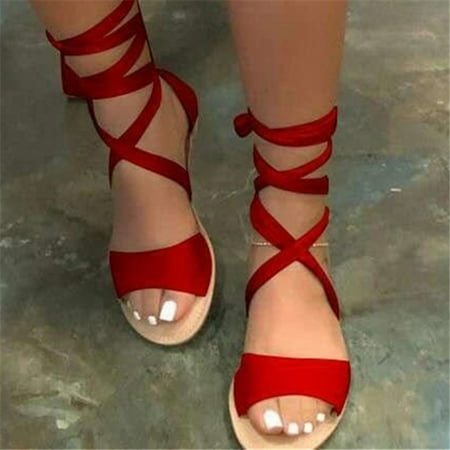 

Women Shoes Women s Fashion Hollow Roman Strap Large Size Hemp Rope Flat Sandals Red 7.5
