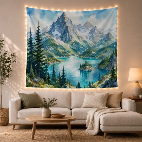 Mountain Lake Scenic with Executed Painterly Dominant Range, Mystical Fantasy for Space Lovers, Galaxy Room Decor, Housewarming Gift, Tapestry Wall Hanging for Bedroom and Dorm