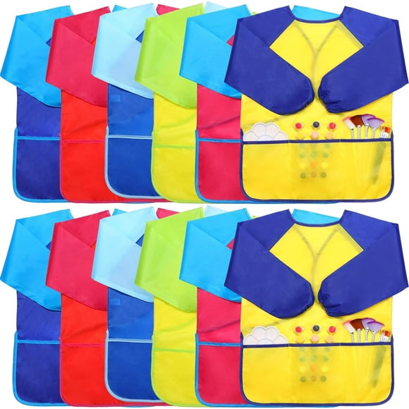 HSHDLDF 12 Pcs Smocks for Kids Art Smocks for Kids Paint Smocks Colorful Children Aprons Artist Painting Smocks with Long Sleeve and 3 Pockets for Age 3-8 Years