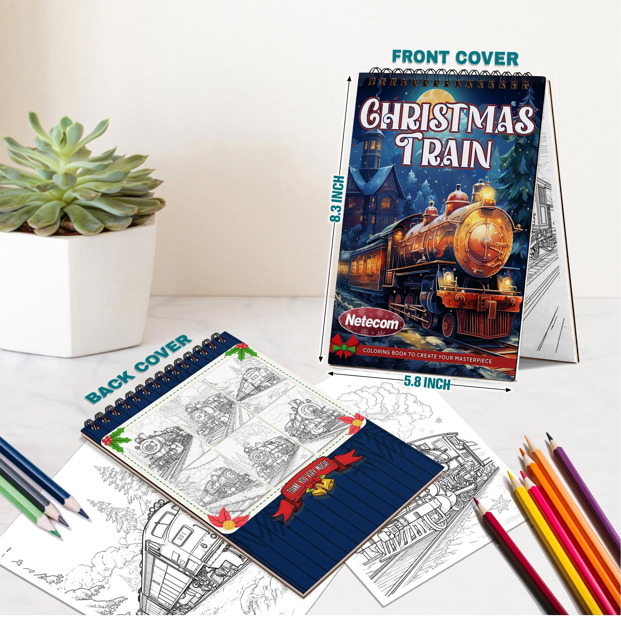 Netecom Christmas Train Coloring Book Spiral Bound For Adults, A5 Wooden Cover, 30 Delightful Coloring Pages of Christmas Trains in Winter Landscapes for Stress Relief and Relaxation