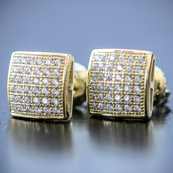 Mens Small Square Iced 5A Cz Stone 14K Yellow Gold Plated 925 Sterling Silver Hypoallergenic Hip Hop Cubic Zirconia Screw Back Post Earrings