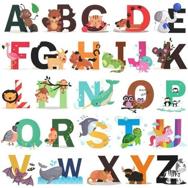 LNGOOR 26 Alphabet Wall Decals Removable Animal ABC Educational Vinyl Wall Stickers for Kids Nursery Room Bedroom Living Room Decor