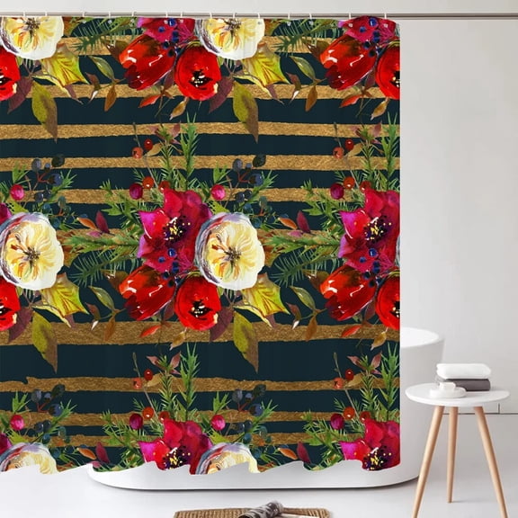 1Pcs black gold flowers waterproof shower curtain elegant and luxurious floral shower curtains bathroom decoration with hooks