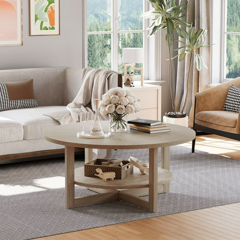 Homall 35 Round Coffee Table Solid Wood End Table with Rustic Wood Storage Circle Center Table Brown