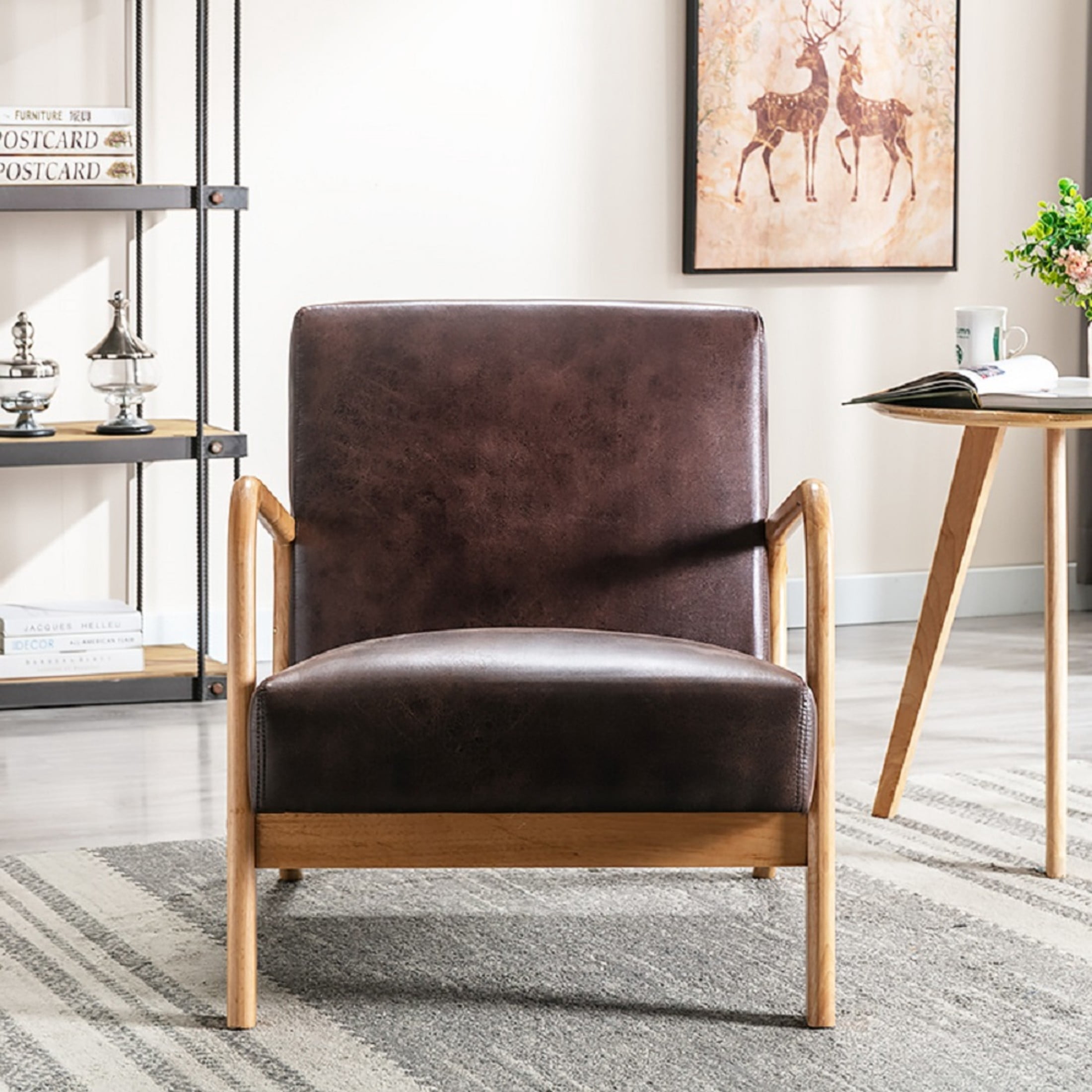 GDF Studio 32.7" Mid-Century Modern Accent Chair with Open Wood Frame, Microfiber Upholstery, Dark Brown