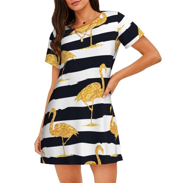 Easygdp Gold Flamingo Camisón de manga corta para mujer, informal, estampado