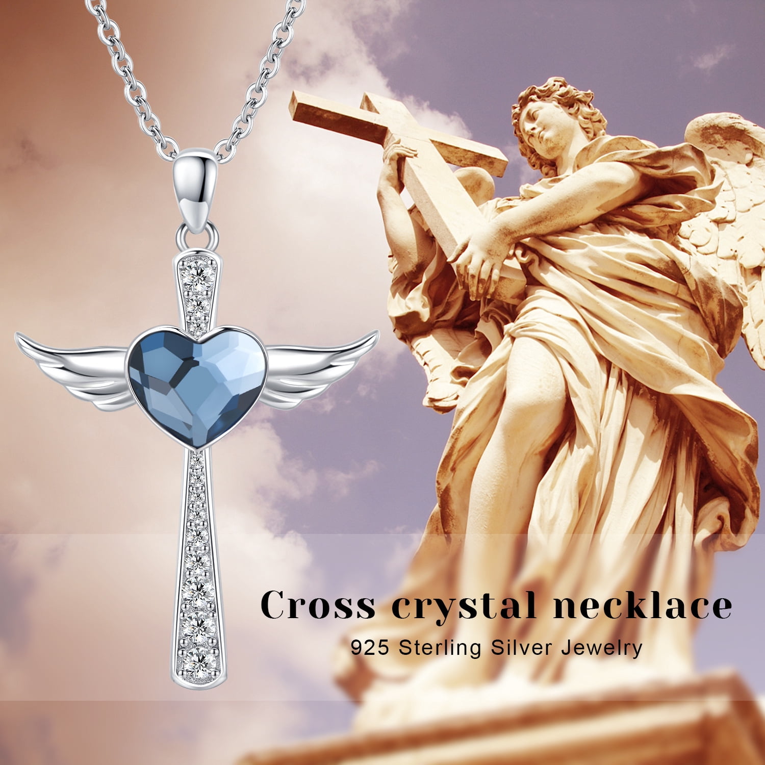Coachuhhar Angel Wings Necklace 925 Sterling Silver Cross Pendant Necklace Cross Jewelry Gifts for Women