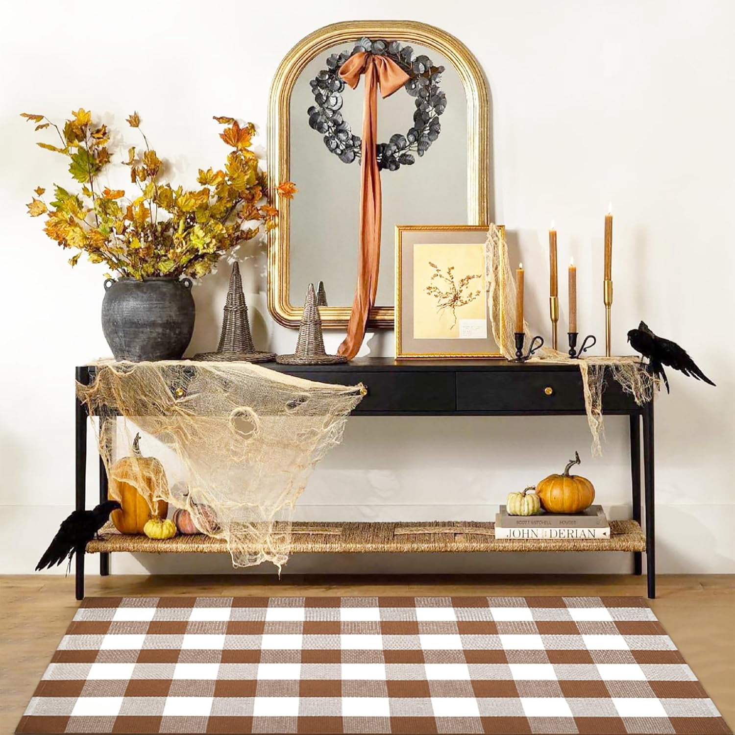 OMA Coffee and White Plaid Rug,28" x 43" Outdoor Front Porch Door Decor Mat, Washable Cotton Woven Farmhouse Area Rug for Layered Door Mats Carpet, Entryway, Easter Décor
