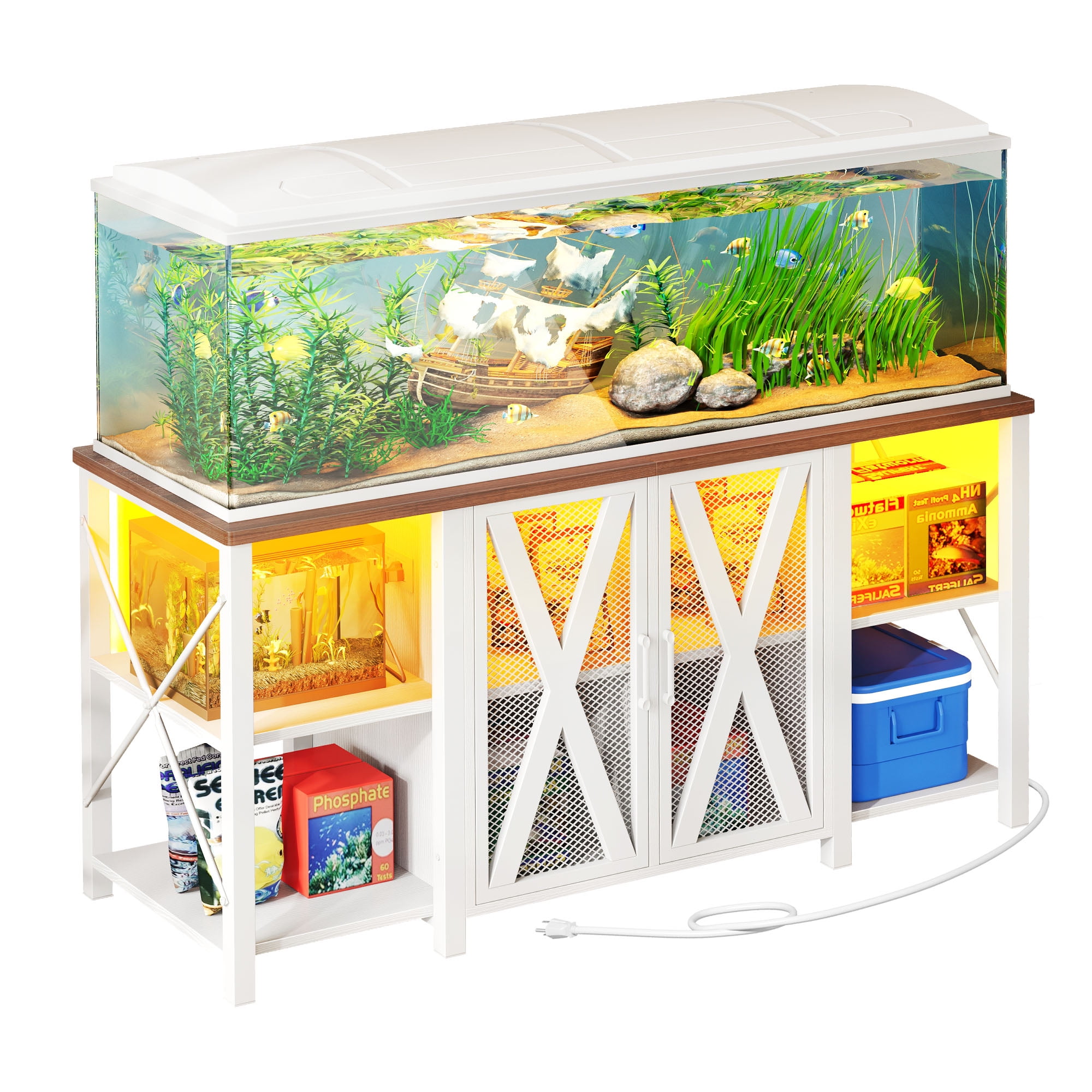 Dextrus Heavy Duty Metal Aquarium Stand with LED Light & Power Outlets – For 75-120 Gallon Tanks, White