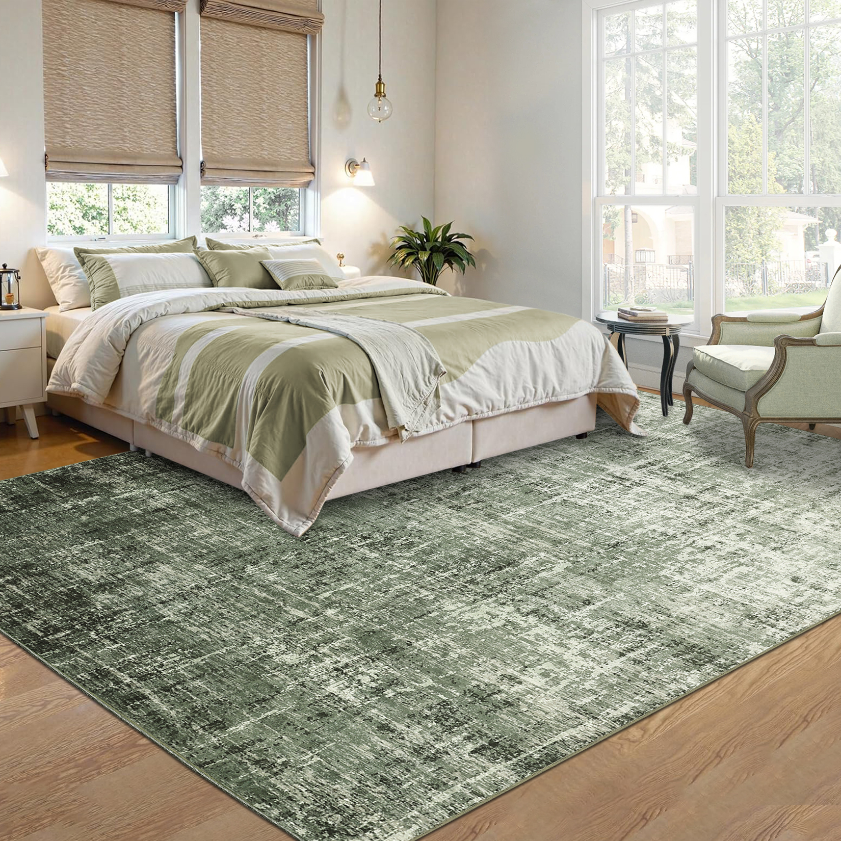 GlowSol 9'x12' Modern Abstract Area Rug Non Slip Low Pile Soft Accent Rugs Washable Rug for Living Room Bedroom, Green Grey