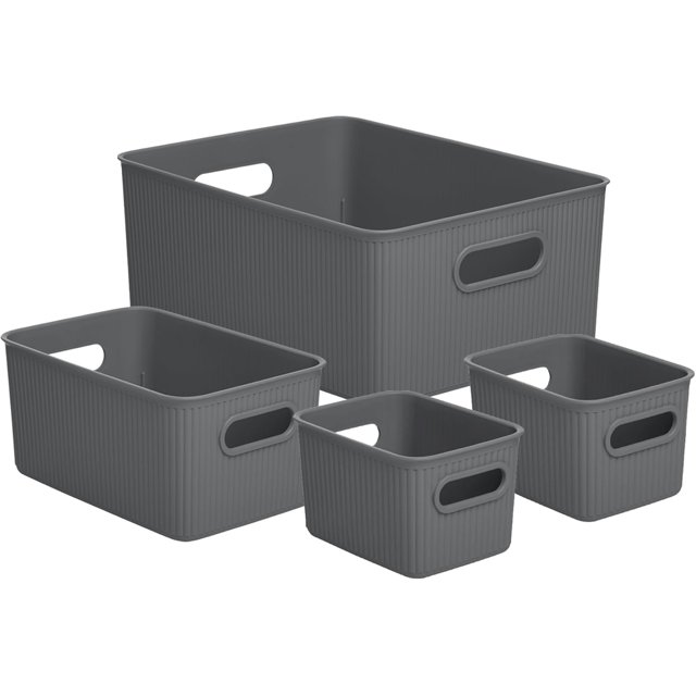Decorative Plastic Open Home Storage Bins Organizer Baskets, Grey (Set of 4) 1 Large, 1 Medium, 2 Small - Container Boxes for Organizing Closet Shelves Drawer Shelf - Ribbed Collection