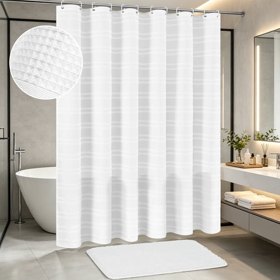 FRAMICS Waffle Shower Curtain Sets with Rug, 14-Piece Thick Weighted Fabric Bathroom Sets with Hooks, Wrinkle & Rust Resistant, Hotel Quality, 71.3" x 71.3" White