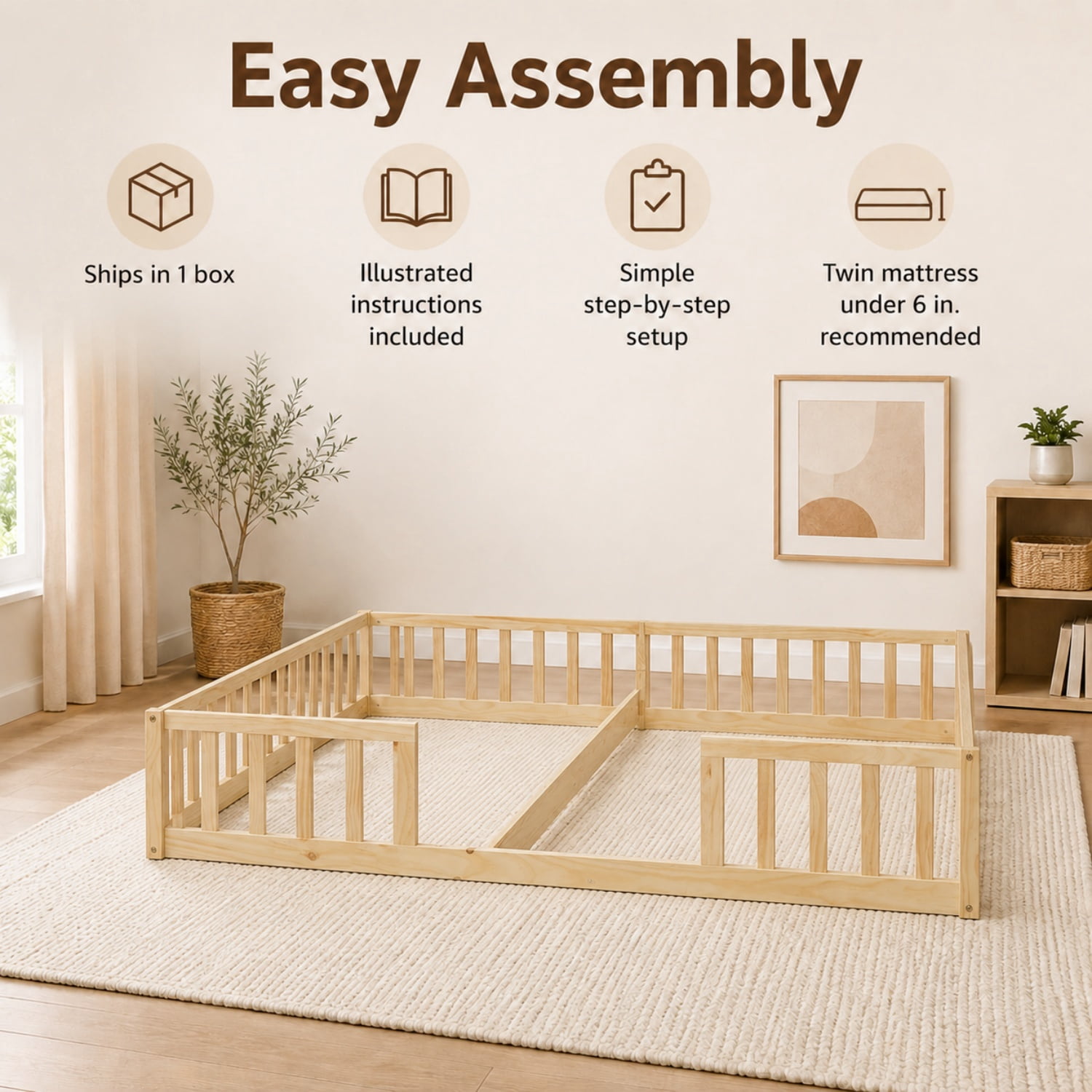 Miniyam Double Twin Floor Bed for Kids, Wood Bed Frame with Guardrails, Low Profile Design, Natural