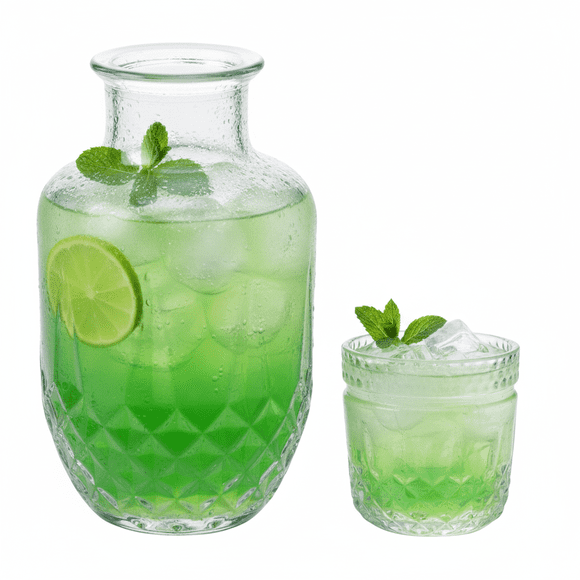 Jarra de Vidrio con Vaso, Diseño Diamante con Textura en Relieve, Mesa de Noche, Perfecto para Agua, Jugos o Infusiones, Capacidad 577 ml/ 207 ml