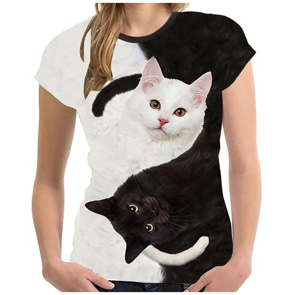 T Shirts for Teen Girls Women Casual Loose Tops Cute Cat Print T-Shirt Tops Short Sleeve Loose Blouse 