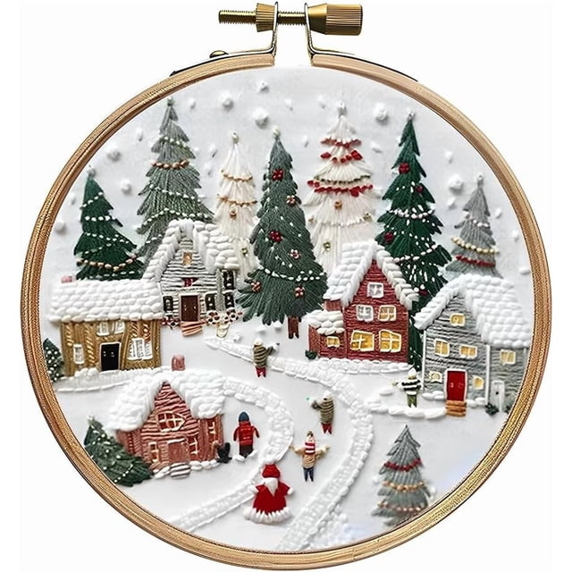 Navideño Kit de Bord, Patrones de Ganchillo Navidad con Aros Para Bordar, Navideño Kit Para Bordar Para Principiantes, Bricolaje Punto de Cruz Incluye Tela, Agujas, Hilos (Pueblo de Vacaciones)