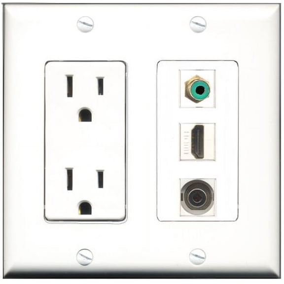 RiteAV - 15 Amp Power Outlet 1 Port HDMI 1 Port RCA Green 1 Port 3.5mm Decorative Wall Plate