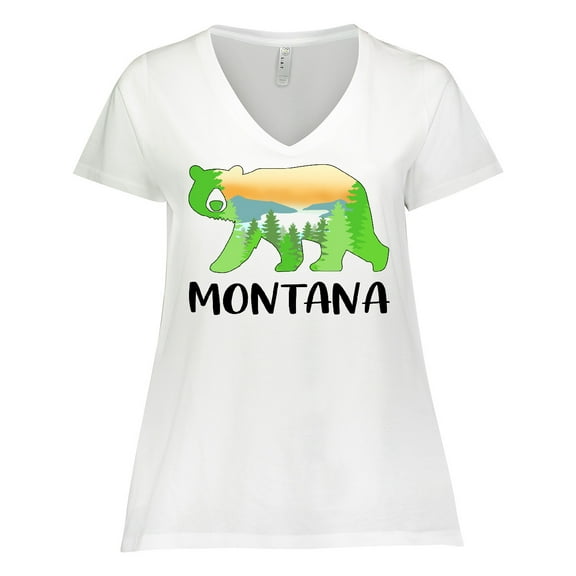 Inktastic Montana Lake and Trees in Bear Silhouette Women's Plus Size V-Neck T-Shirt