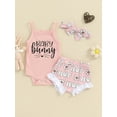 thumbnail image 2 of Suealasg Newborn Baby Girls Easter 3Pcs Clothes Sets 3M 6M 12M 18M Infant Girls Summer Outfits Letter Print Sleeveless Rompers Shorts Headband, 2 of 8