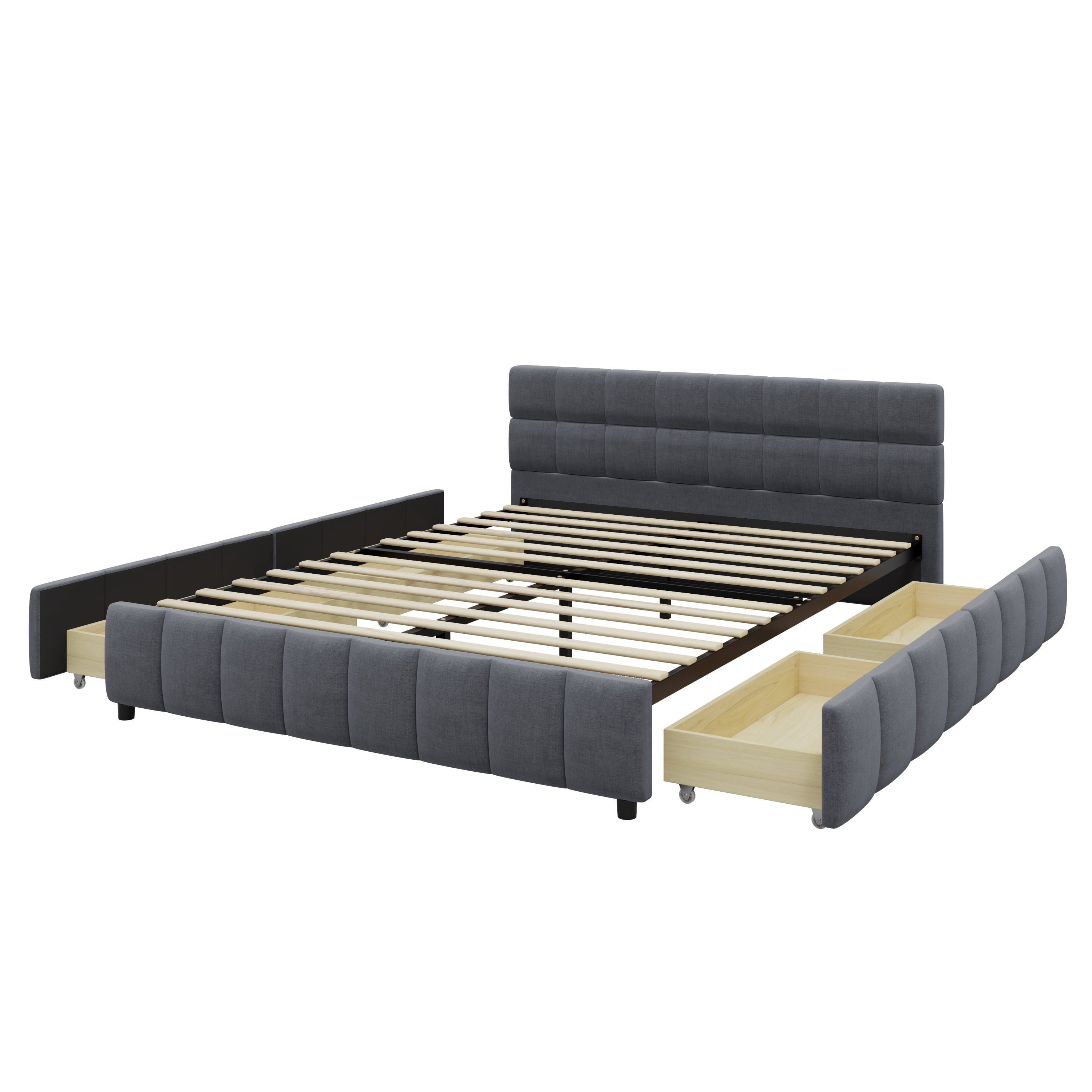 GARITIN Queen Upholstered Platform Bed Frame 86.6 Inch, Bed Frame with 4 Storage Drawers and Block Grid Tufted Headboard, Gray