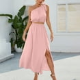 thumbnail image 4 of Drindf Dresses for Women 2023 Casual 2 Piece Solid Maxi Dress Summer One Shoulder Crop Top High Waisted Maxi Dress Trendy Split Skirt Set Boho Dress, 4 of 7