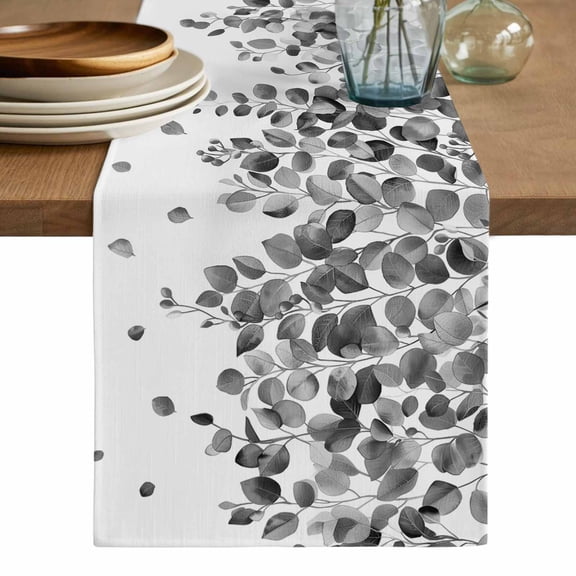 Gray Botanical Table Runner, Watercolor Spring Summer Eucalyptus Leaves Washable Cotton Linen Table Runners 72 Inches Long, Dresser Scarf Runner for Dining/Coffee/Kitchen/TV Stands/Cabinets 13''x72''