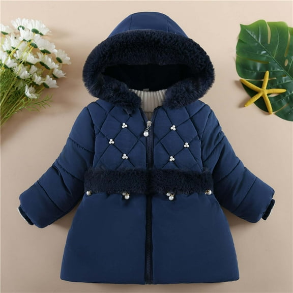 LFEOOST Girl's Winter Coats Full Zip Up Puffer Jackets Long Sleeve Hooded Fleece Coats Casual Shackets Soft Cozy Outwear (Dark Blue, 100/XL/18 Months)