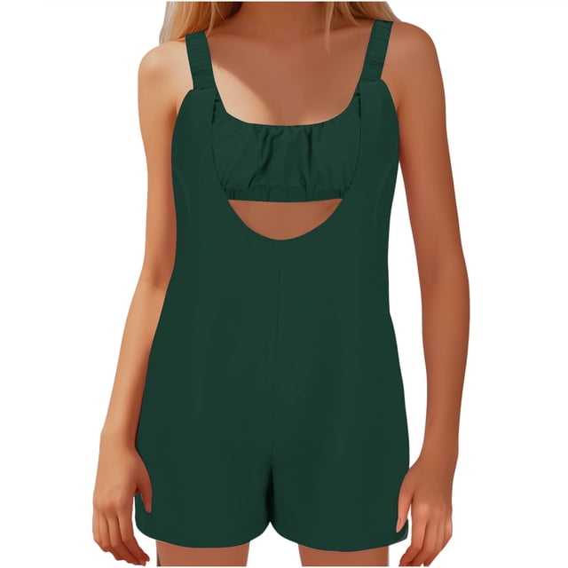 Lenpel Rompers for Women Summer Casual Sleeveless Square Neck Padded Backless Elastic Strap Jumpsuits Loose Short Overalls